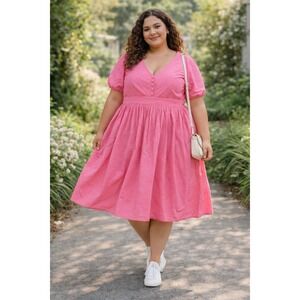 ModCloth Eyelet Fit & Flare Dress Womens 24W Pink V-Neck Puff Sleeve Pockets